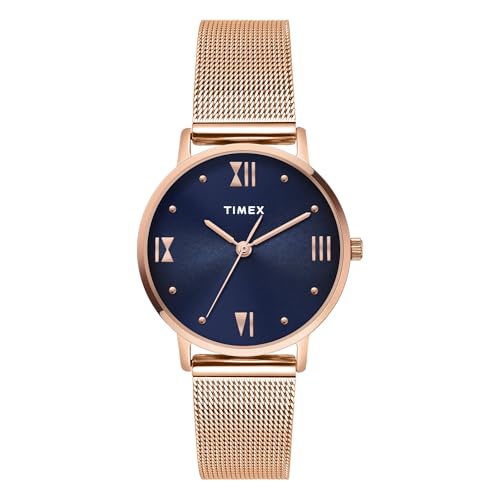 TIMEX TIMEX Analog Watch for Women with Blue Round Dial & Rose Gold Stainless Steel Bracelet Band Water Resistant Women’s Wrist Watches – TWEL15626