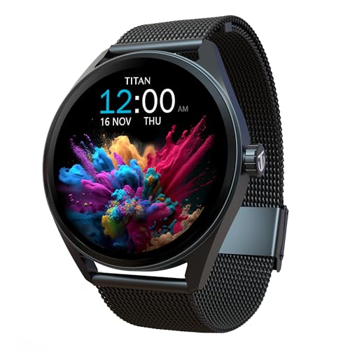 Titan Titan Crest 1.43” AMOLED Smart Watch with BT Calling, AI Morning Briefs, Functional Crown, Health Tracking, Aluminium Body, 100+ Sports Modes, Smartwatch for Men and Women – Black Mesh Strap