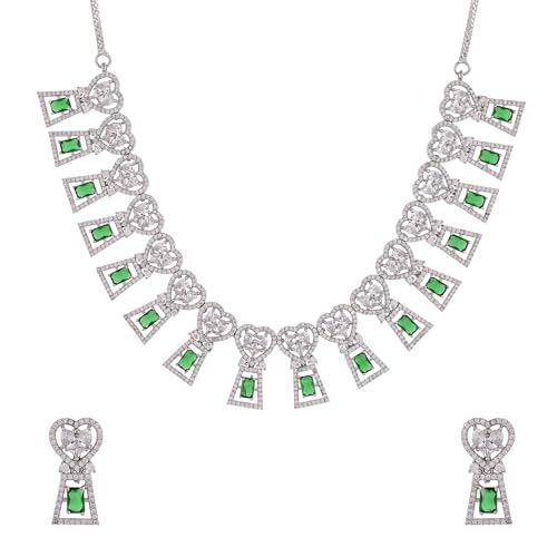 VOYLLA VOYLLA Hearts Cushion Setting Emerald Cut CZ Embellished Silver Plated Brass Jewellery Set For Women|CZ Women Short Necklace Sets|Gift For Women |Women’s Gift|Valentine Gift|