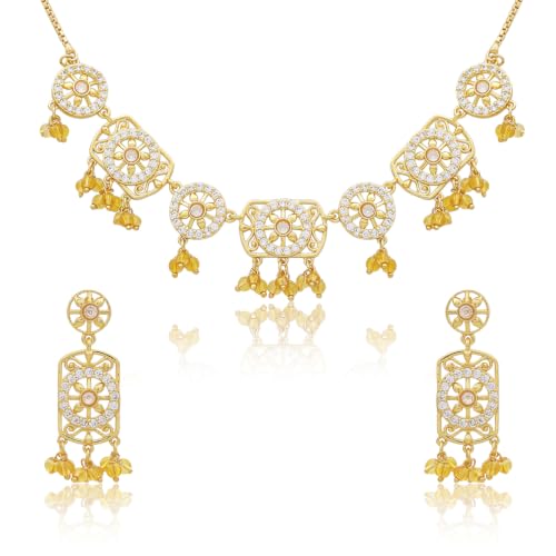 VOYLLA VOYLLA Layered Pearl Necklace Set – Noor Collection Octagonal Pendant with Teardrop Earrings | Ethnic Style | Gift for Women