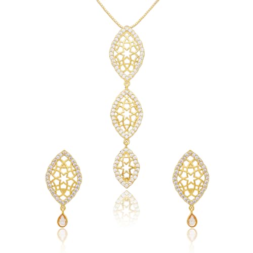 VOYLLA VOYLLA Pendant Necklace Set for Women – Noor Gold Plated Brass with American Diamond Accents and Drop Earrings | Classic Indian Style | Gift for Women