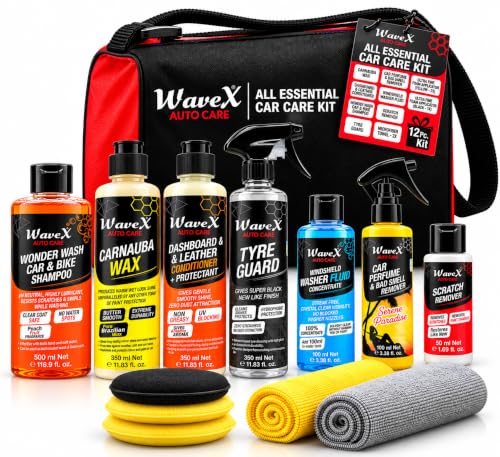 WaveX Wavex Car Polish Kit 12 Pcs | Includes Car Dashboard Polish, Car Wax, Tyre Polish, Car Shampoo, Windshield Washer & Car Freshener, Scratch Remover, 2 Cloths, 3 Applicators – Car Washing Kit