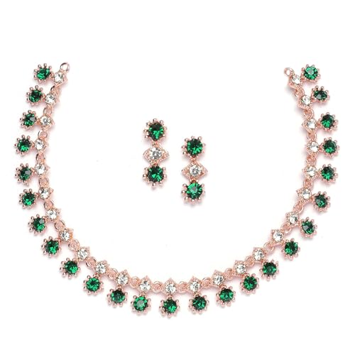 ZENEME ZENEME Rose Gold-Plated American Diamond Studded Star Shaped Necklace With Earrings Jewellery Set For Girls and Women (Green)