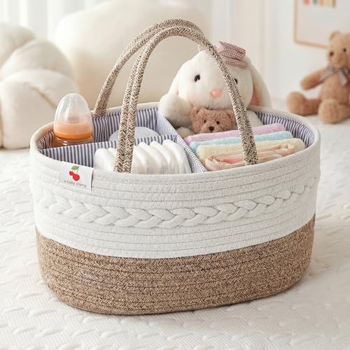 a baby cherry a baby cherry Cotton-Diaper Baby Products Caddy|Baby Bags For Newborn|Diaper Caddy Bag Organizer Large Capacity(40 * 28 * 20Cm)|Nursery Storage Bin And Car Organizer For Diapers And Wipes(Brown)