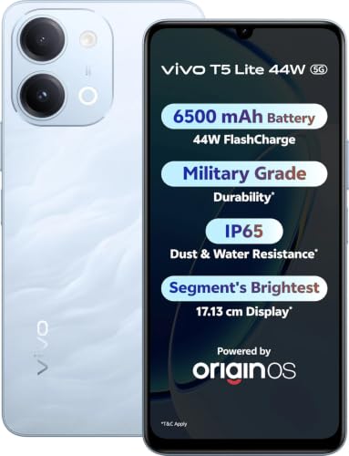 vivo vivo T5 Lite 44W 5G (Wave Blue, 6GB RAM, 128GB Storage) | MediaTek Dimensity 6300 5G Processor | 50MP AI Dual Rear Camera | 5MP Front Camera | 6.74-inch Display | 6500mAh Battery |
