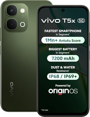 vivo vivo T5x 5G (Cyber Green, 6GB RAM, 128GB Storage) | 50MP AI Dual Camera | 32MP Selfie | 6.76″ FHD+ Display | 7200mAh Battery | Dimensity 7400-Turbo Processor | Fast Charging | Dual SIM Smartphone